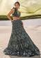 Dark Olive Green 3D Embroidered Lehenga Set With One Side Ruffle Trail