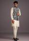 Beige Silk Threadwork Jacket Kurta Set For Men