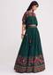 Bottle Green Chiffon Crop Top With Skirt With Colourful Resham Blooms
