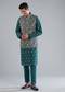 Teal Blue Printed Kurta Jacket Set With Resham Detailing