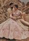 Pink Satin 3D Floral Printed Bridal Lehenga For Her & Gold Hand Embroidered Open Bandhgala Set For Him