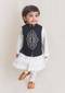 Kalki Boys White Kurta Set With Embroidered Buttis And Black Nehru Jacket With Ornate Embroidered Motif By Tiber Taber