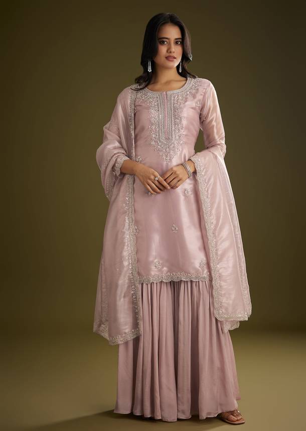 Lavender Tissue Cut Dana Beads Kurta Set With Embroidered Dupatta
