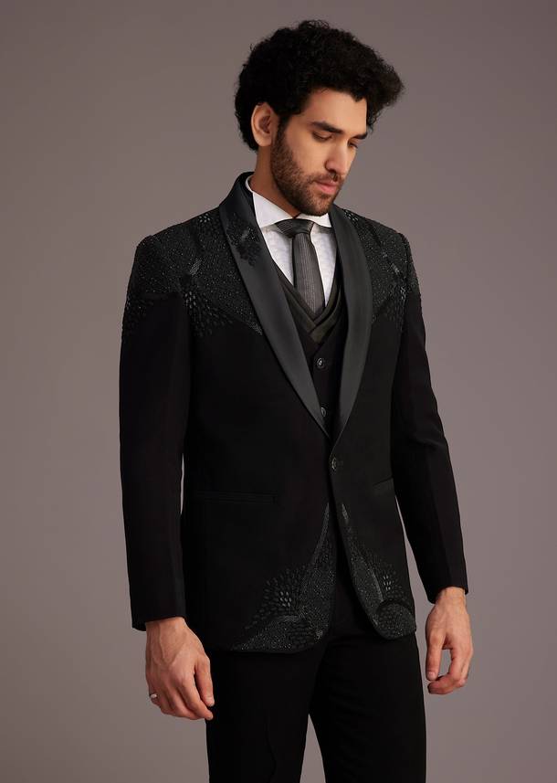 Black Tuxedo With Beaded Shoulder Detailing And Satin Lapel
