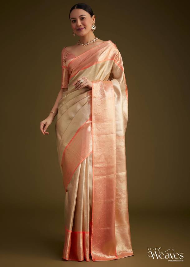 Cream Kanjivaram Silk Saree With Contrast Border And Pallu