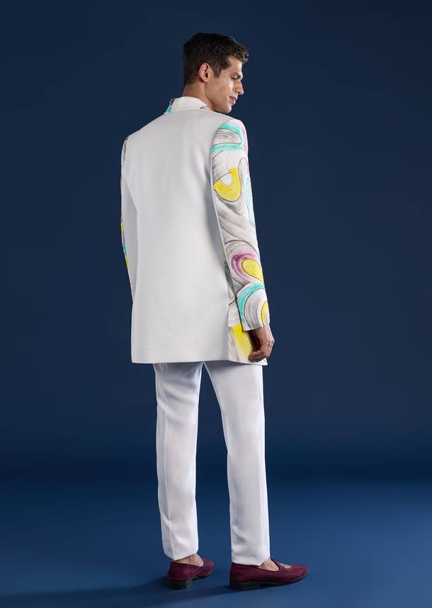 White Indo Western Set For Men With Hand Painted Work