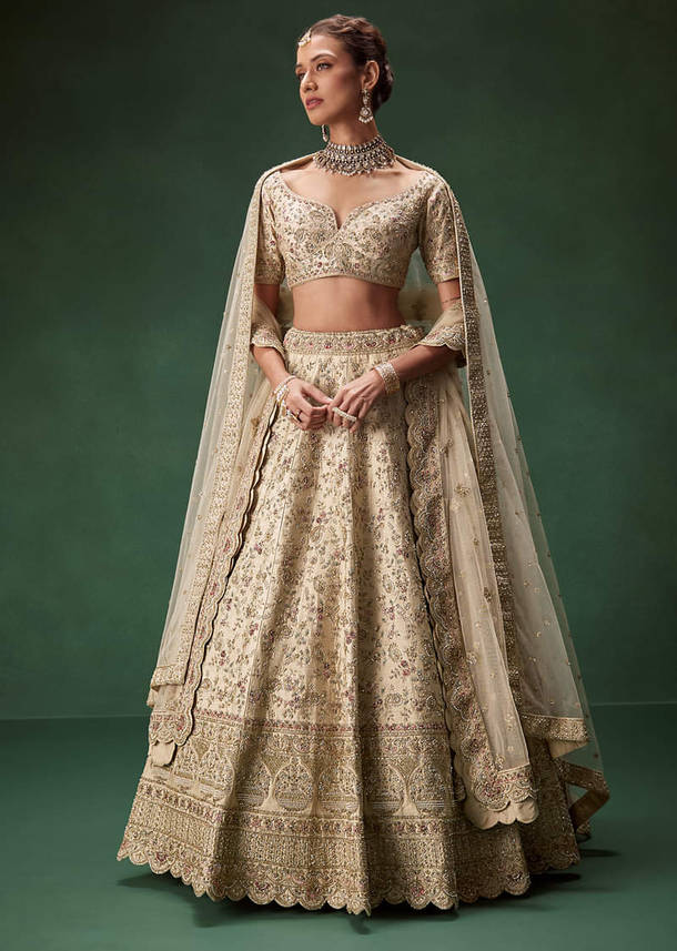 Beige Bridal Lehenga With Sequin And Zari Work