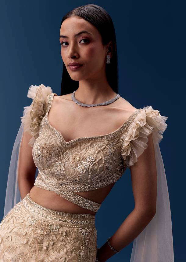 Beige Fishcut Lehenga with Draped Ruffle Blouse