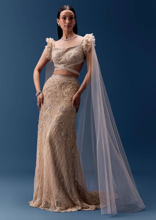 Beige Fishcut Lehenga with Draped Ruffle Blouse