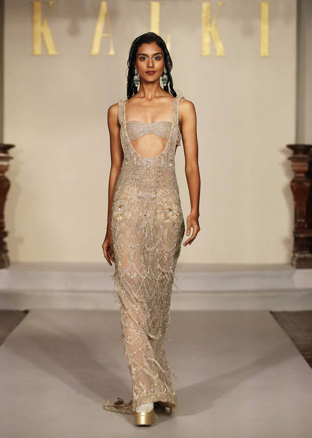 Beige Net Bridal Gown With Bustier Layer