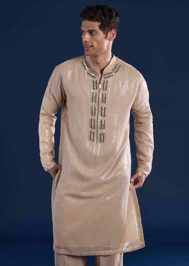 Beige Sequin Embellished Mens Kurta and Pant Set