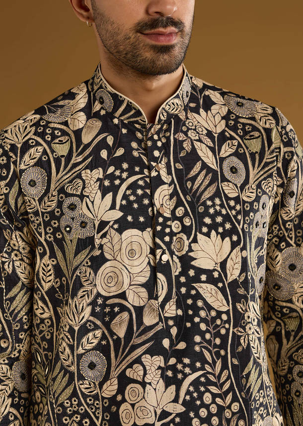 Black Silk Kurta Set For Men With Mirror Work