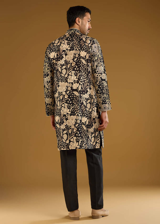 Black Silk Kurta Set For Men With Mirror Work