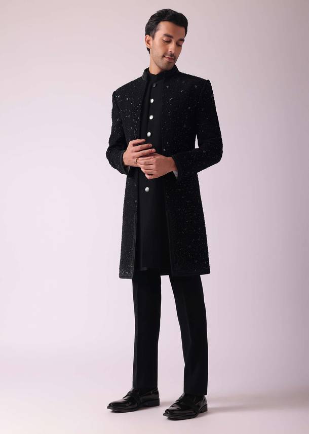 Black Patterned Indowestern Set In Suiting Fabric