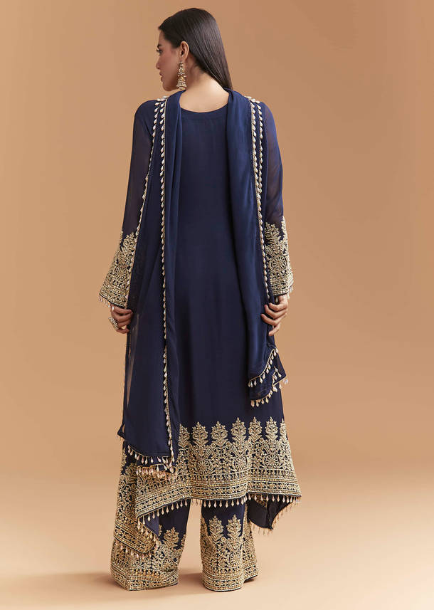 Blue Georgette Kurta Set With Moti And Sequins Work