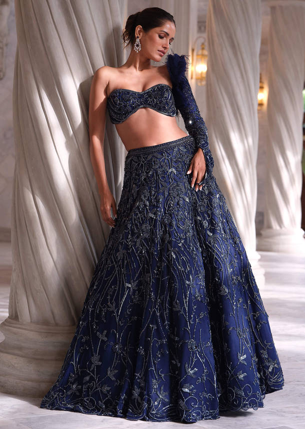 Blue Net Bridal Lehenga With Cut Dana And Beads Embroidery