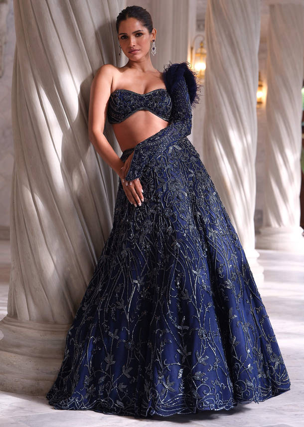 Blue Net Bridal Lehenga With Cut Dana And Beads Embroidery