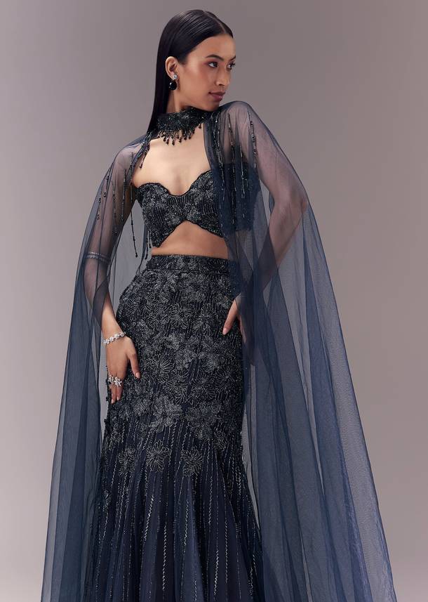 Blue Sequin Embellished Lehenga Set