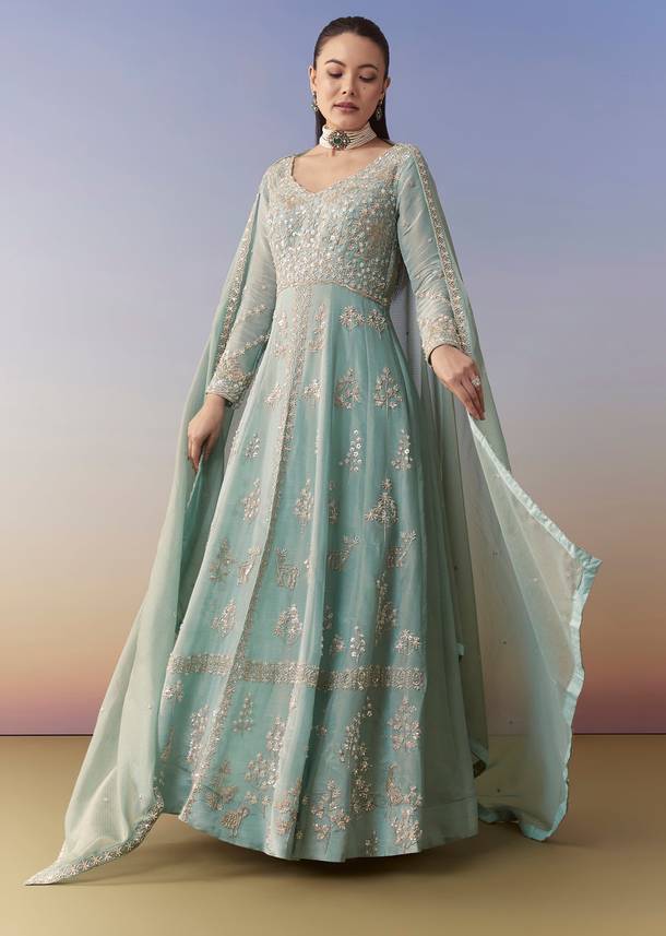 Blue Slit Anarkali Palazzo Set with Sequin Work