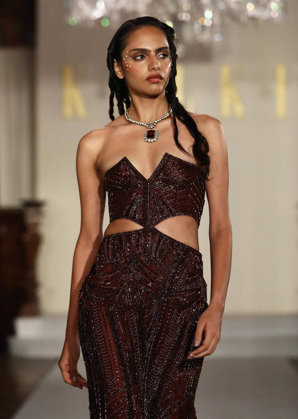 Brown Net Bridal Gown With Hand Embroidery