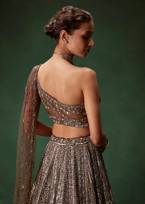 Brown One Shoulder Bridal Lehenga Set With All Over Sequins