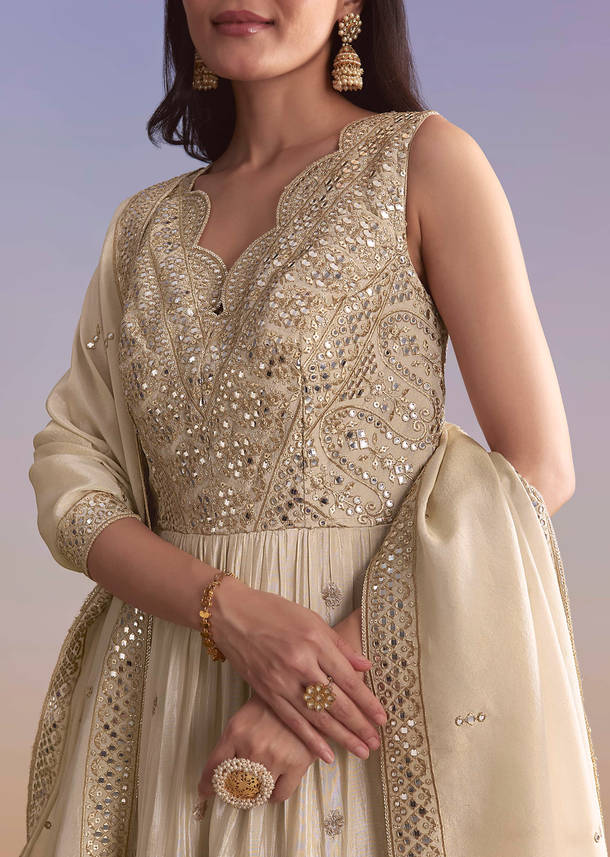 Cream Tissue Anarkali Suit With Zari Work