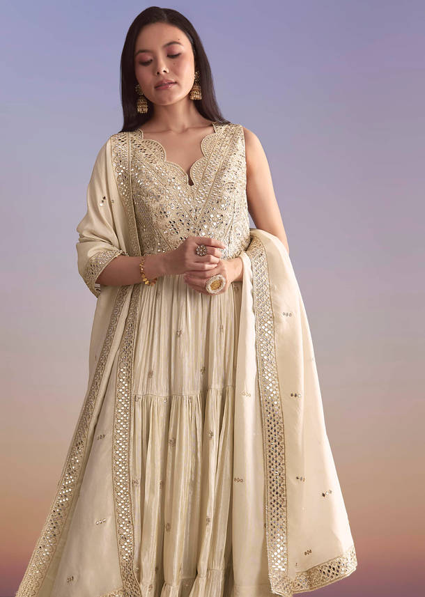 Cream Tissue Anarkali Suit With Zari Work