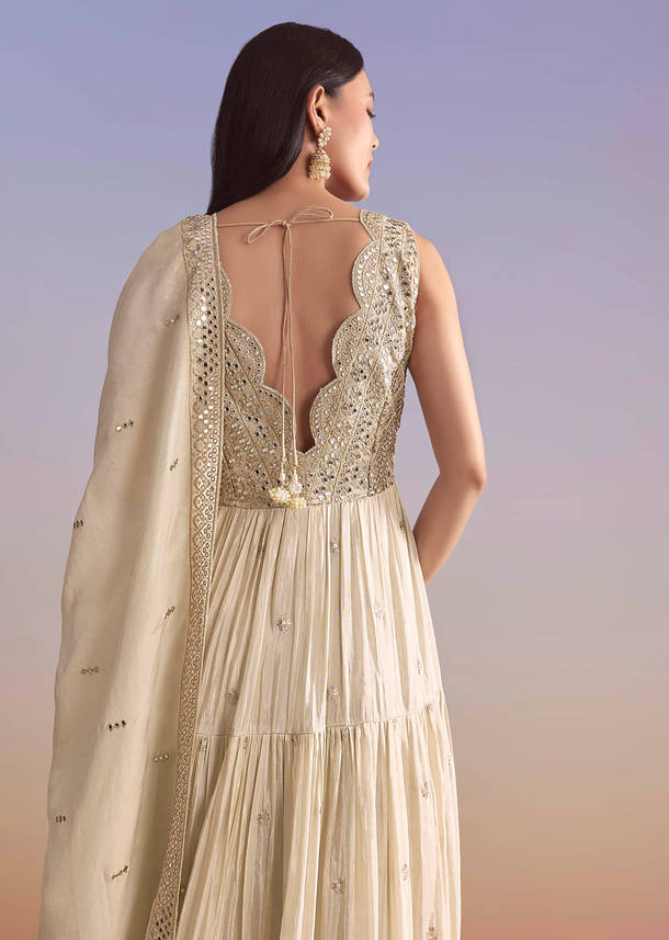 Cream Tissue Anarkali Suit With Zari Work