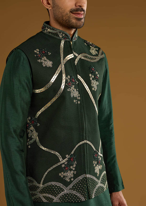 Dark Green Silk Kurta Jacket Set For Men With Gota Work