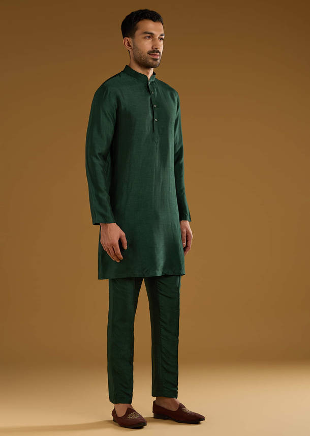Dark Green Silk Kurta Jacket Set For Men With Gota Work