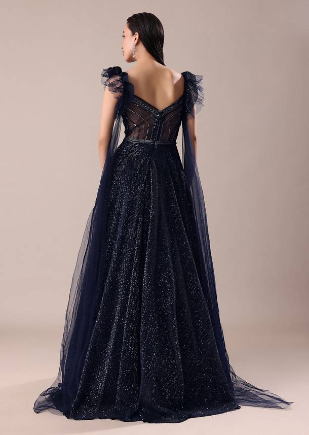 Dark Blue Embroidered Gown With Wings