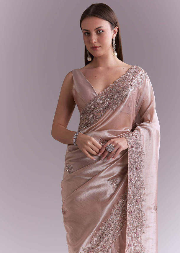 Dusty Pink Tissue Saree With Floral Butti Embroidery