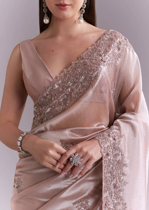 Dusty Pink Tissue Saree With Floral Butti Embroidery