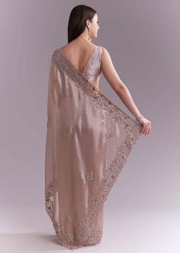 Dusty Pink Tissue Saree With Floral Butti Embroidery