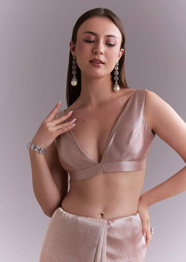 Dusty Pink Tissue Saree With Floral Butti Embroidery