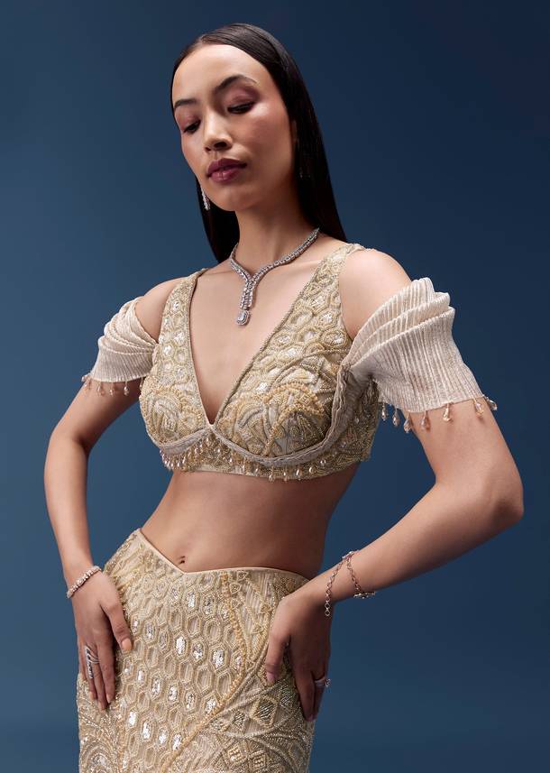 Gold Draped Blouse with Embellished Skirt
