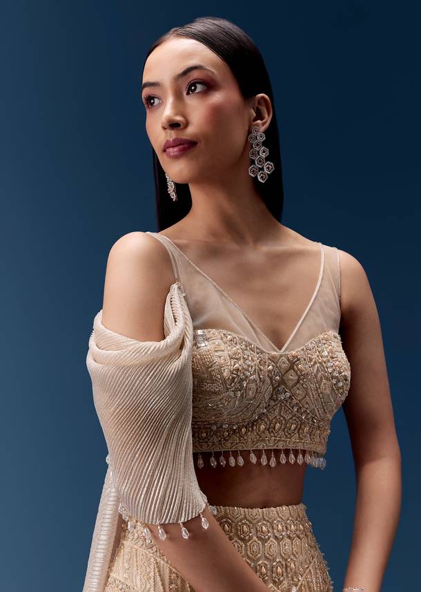 Gold Draped Lehenga with Embellished Blouse