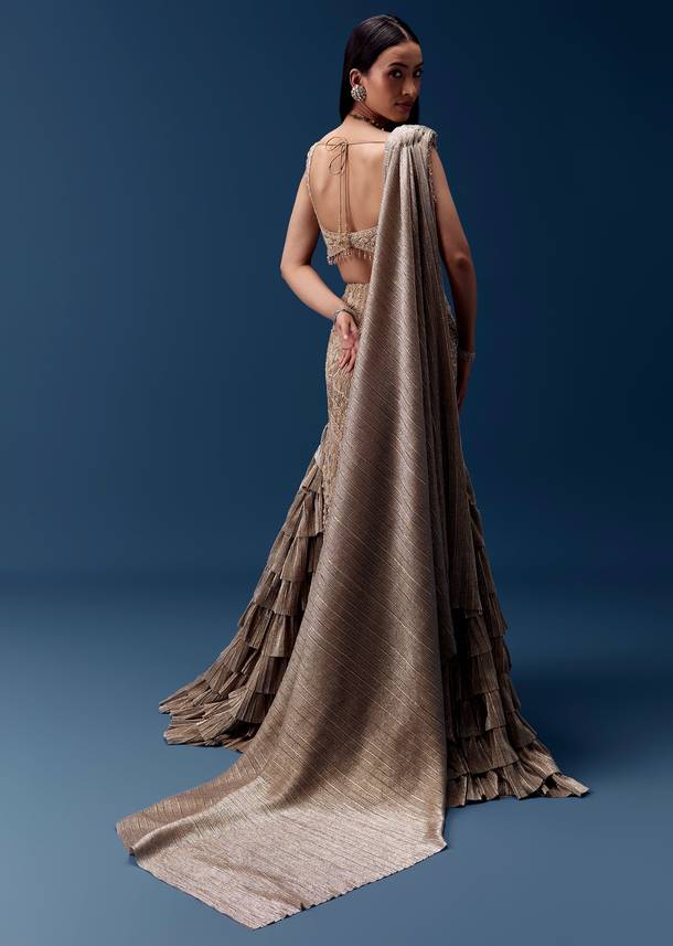 Gold Embellished Draped Blouse with Frill Skirt