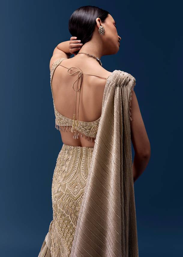 Gold Embellished Draped Blouse with Frill Skirt