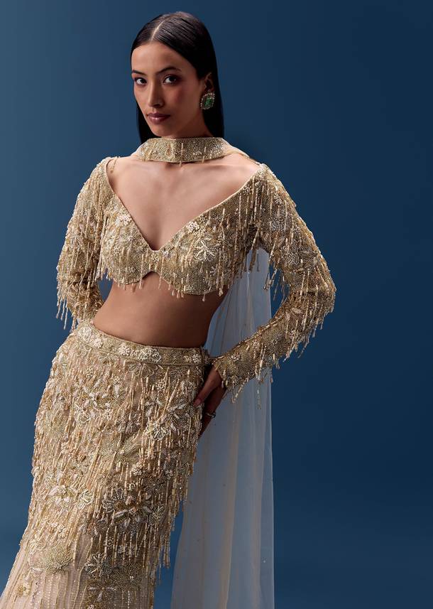Gold Fishcut Lehenga with Blouse and Choker Dupatta