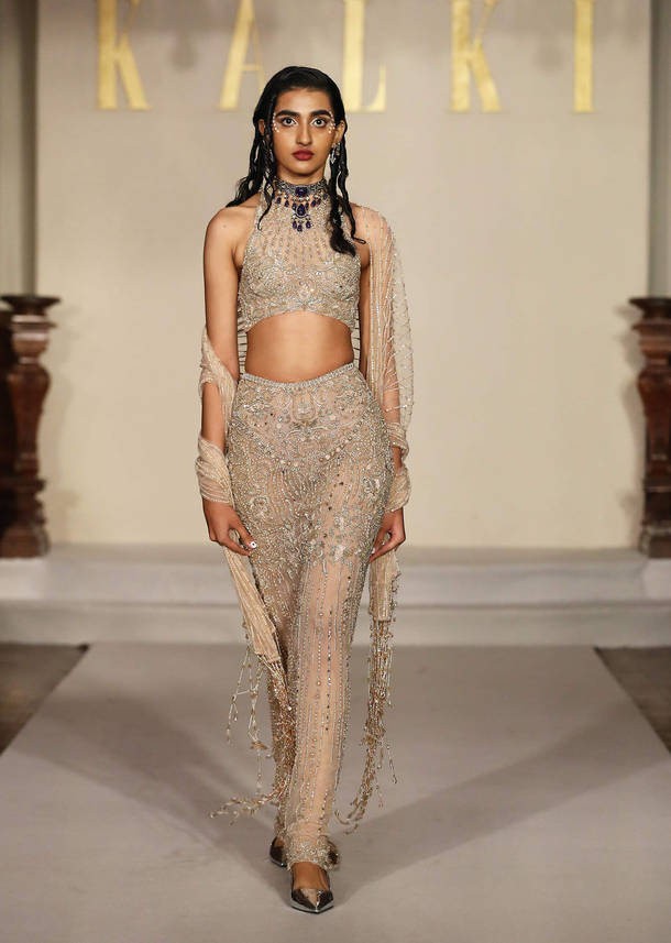 Gold Net Indo Western Set With Embellished Halter Neck Blouse