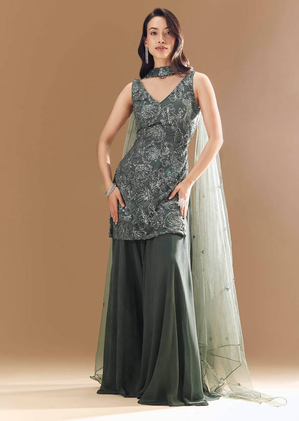 Green Georgette Palazzo Set with Choker Dupatta