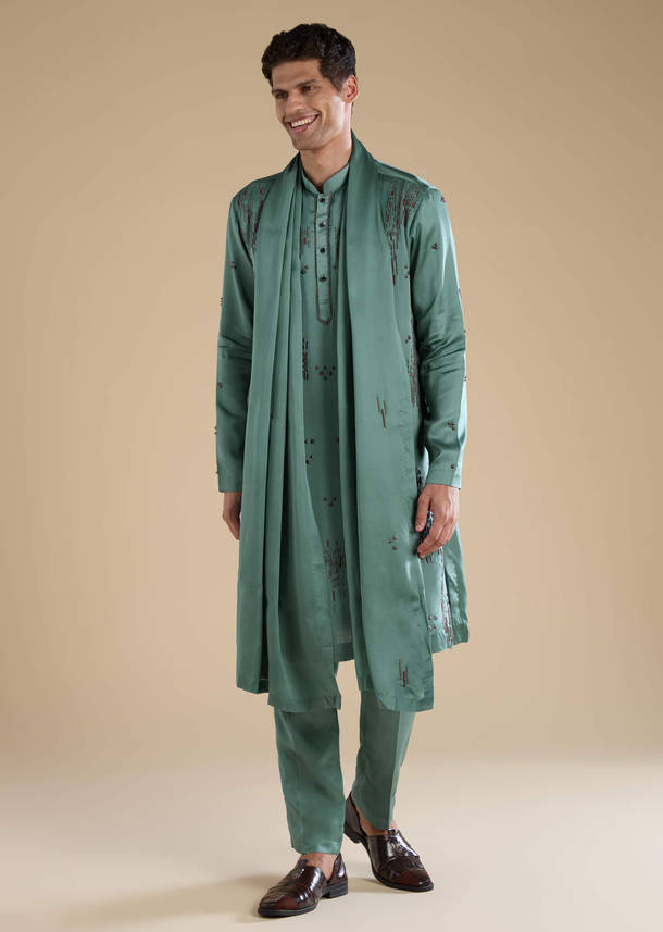Green Linen Mens Kurta Set with Dupatta