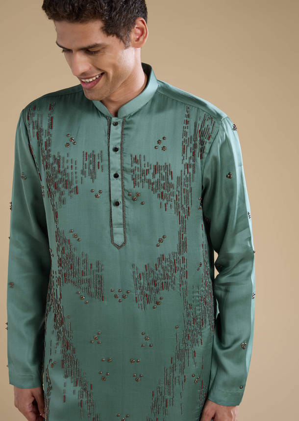 Green Linen Mens Kurta Set with Dupatta