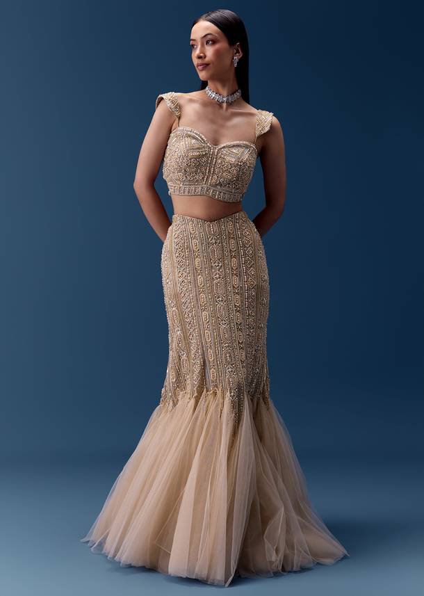 Ivory Cutdana Embellished Fishcut Lehenga Set