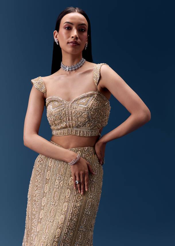 Ivory Cutdana Embellished Fishcut Lehenga Set