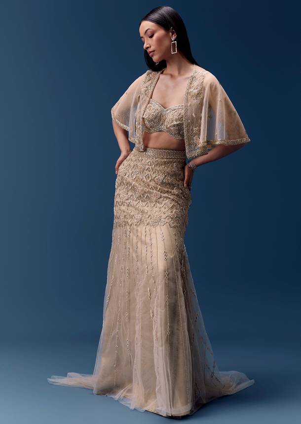 Ivory Embellished Fishcut Lehenga Set with Cape