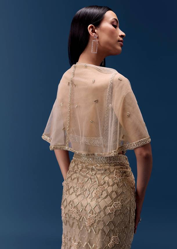 Ivory Embellished Fishcut Lehenga Set with Cape