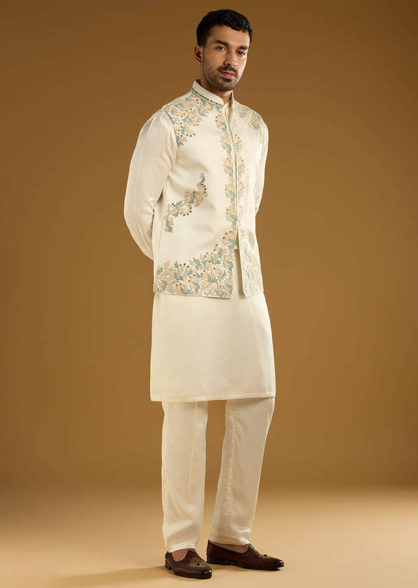 Ivory Linen Kurta Jacket Set For Men With Hand Embroidery