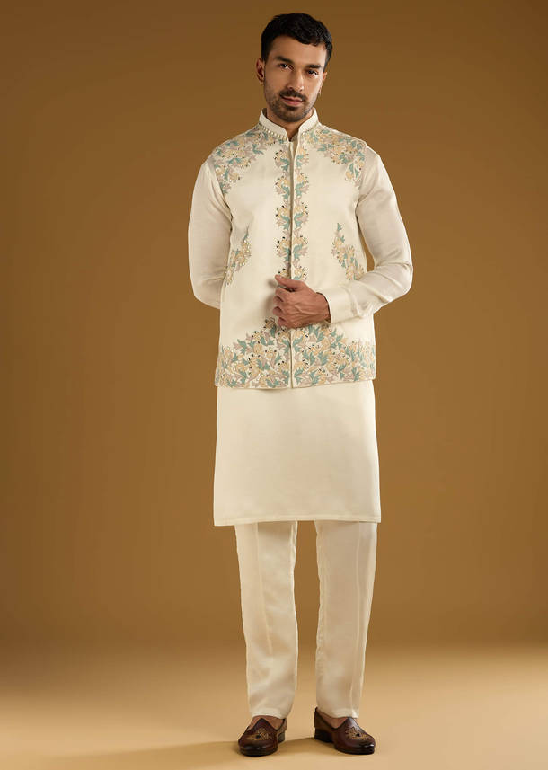 Ivory Linen Kurta Jacket Set For Men With Hand Embroidery
